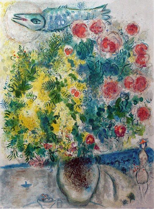 Rosen und Mimosen aus Nizza an der Cote dAzur Farblithographie des zeitgenössischen Marc Chagall Ölgemälde
